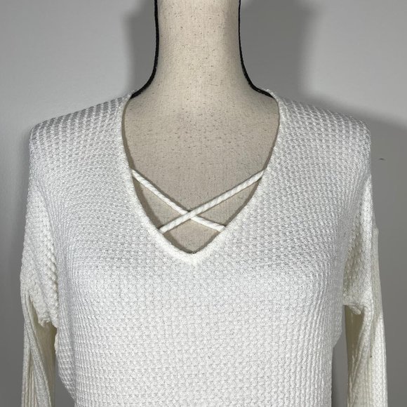 Jolie Ivory Cream V Neck Cut Out Waffle Knit Long Sleeve Pullover Sweater S - Picture 3 of 11